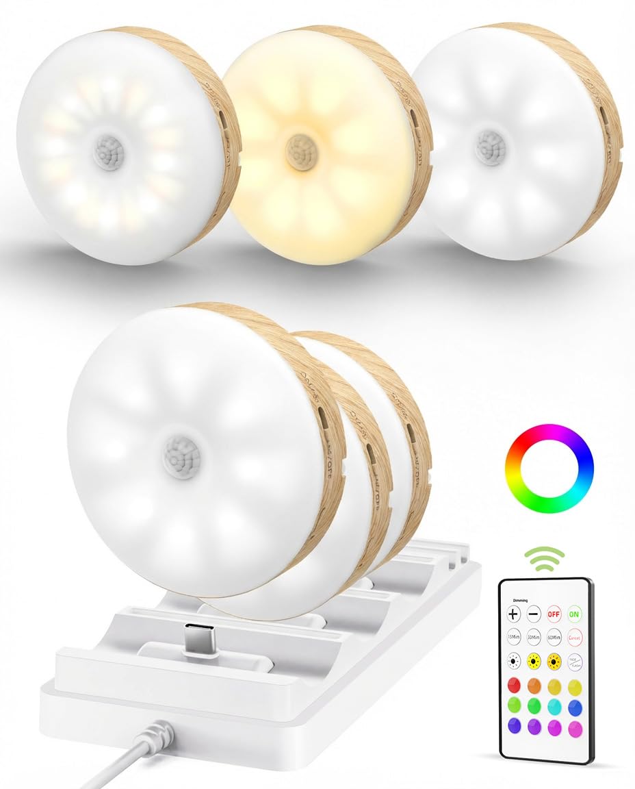 EZVALO Under Cabinet Lighting with Charging Station, 1000mAh Rechargeable Puck Lights with Remote, 3 Color Temps & 12 RGB Closet Lights, Dimmable Motion Sensor Lights for Shelf, Kitchen (6 Packs)