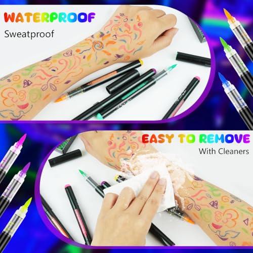 Alaoo Fluorescent Face Tattoo Pen, 6Pcs Glow in the Dark Under UV Light Body Painting Kit, Washable UV Neon Pens for Kids Adults for Halloween, Christmas, Glow Party, Discos - Image 3