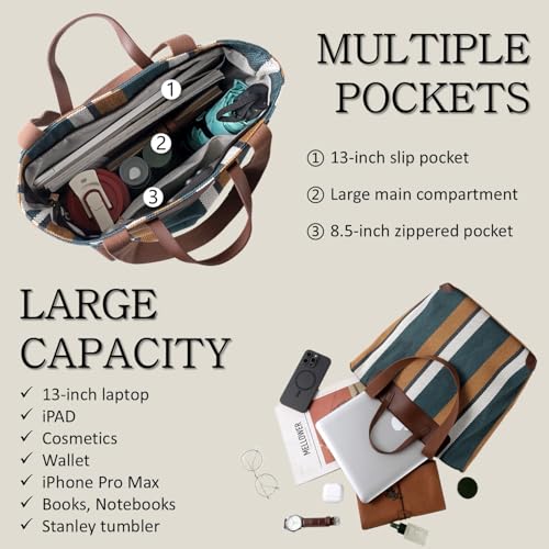 Hflzbro Borsa Da Lavoro Grande Da Donna – Borsa A Tracolla In Tela Per Ufficio E Uso Quotidiano, Borsa A Spalla Con Ampio Spazio Di Archiviazione, Marrone/Blu - 4