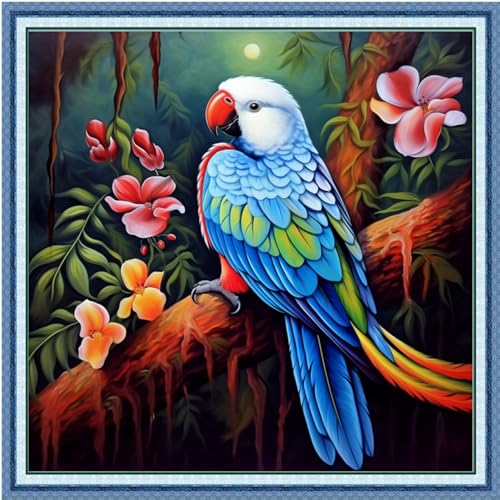 Image of Foxdiviy Stamped Cross Stitch Kits Full Range of Embroidery Needlework Starter Kits for Beginners Adults 11CT Embroidery Patterns Art Crafts DIY Needlepoint Kits-Parrot Flowers 18x18 inch