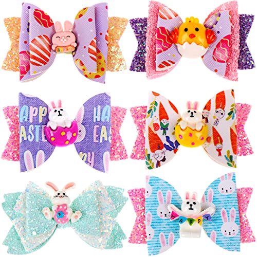 6 Pieces Easter Bunny Hair Bows 3.5 Inch Lovely Bunny Hair Barrettes for Girls Glitter Sequin Hair Bows Alligator Hair Clips Hair Accessories for Baby Girls Kids