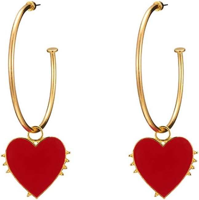 Doubnine Hoop Gold Earrings Red Heart Charm Big Circle Dangle Drop Cuff Vintage Hippie Bohemian Accessories for Women
