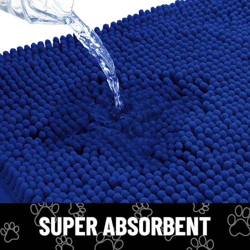Image of Smiry Dog Door Mat for Muddy Paws, Absorbent Dirt Trapper Non Slip Quick Dry Washable Chenille Mat for Mud Dogs, Entry Rug for Indoor and Outdoor (30x20 Inches, Royal Blue and White)