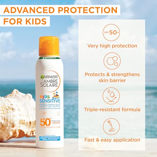 Garnier Ambre Solaire Kids & Baby Sunscreen Spray SPF 50+, 150ml Mist, Sensitive Advanced Anti-Sand Protection, High UVA/UVB Sun Cream for Face & Body, Water Resistant - Image 3