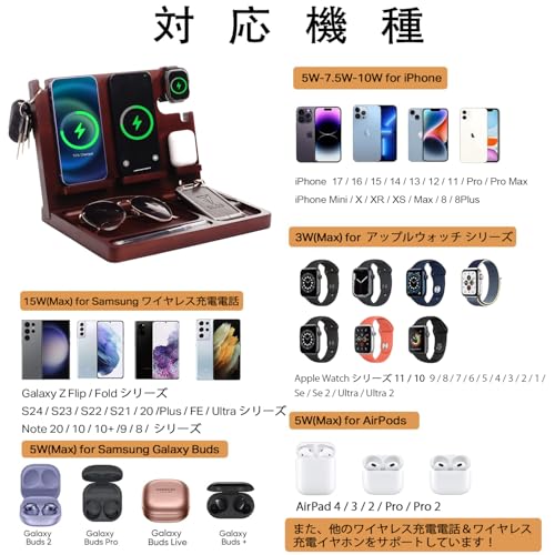 Xunhomon 3in1 ワイヤレス充電器 2台同時 急速 27W スマホスタンド 木製 に適したiPhone 17 16 15 17 13 12 Samsung Google Apple Watch Air Pod アップルウォッチ充電器 デスク卓上収納 父親誕生日 彼氏 男性 プレゼント