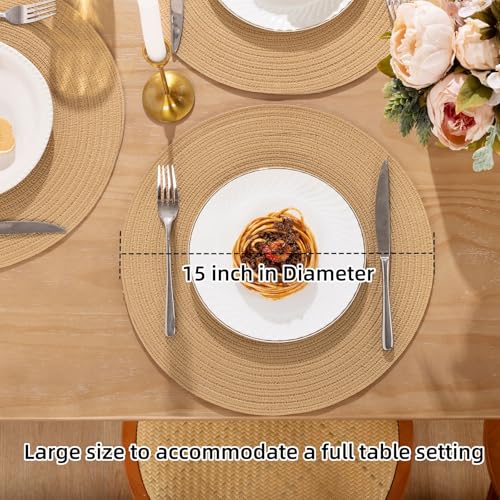Image of SHACOS Round Placemats Set of 8 Washable 15 inch Round Placemat Cotton Polyester Woven Braided Table Place Mats for Dining Table Decor, Camel
