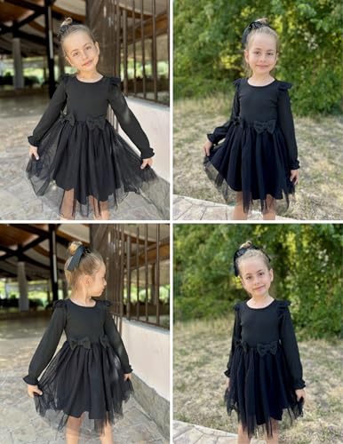 Image of Arshiner Toddler Girls Tulle Dresses with Bow Tie Fall Winter Long Sleeve Formal Party Dress 1-7 Y
