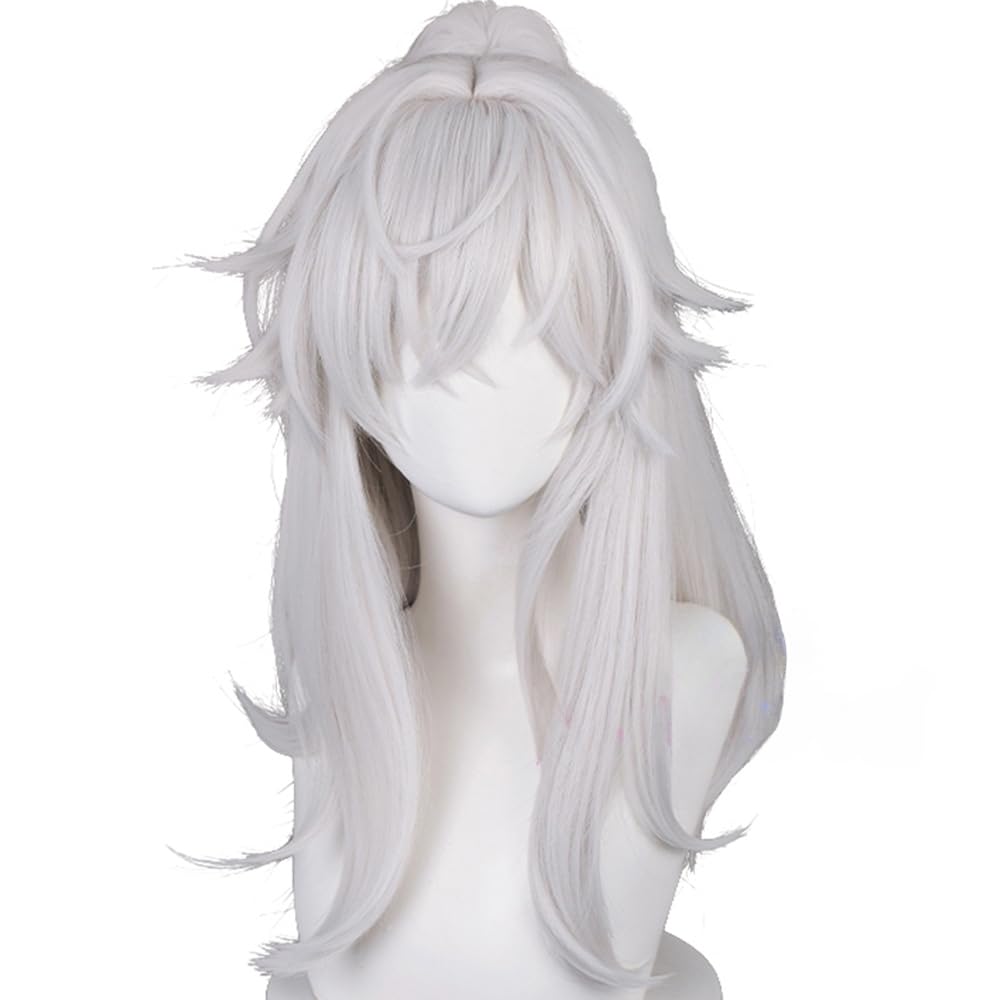 osseoca Silver White High Ponytail Mid Length Hair Layered Bangs Wig cos Anime Expo Holiday Party (Jing Yuan)