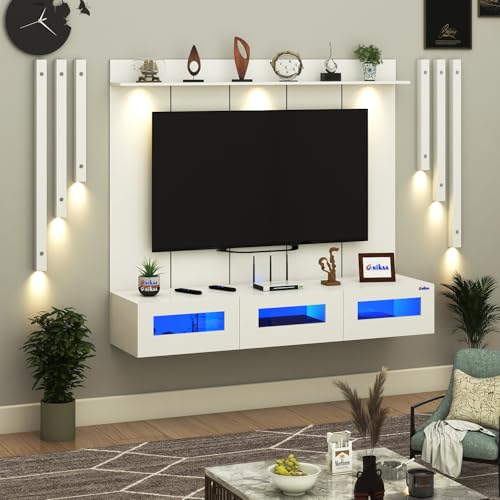 Image of Anikaa RayzaPro Engineered Wood Wall Mount TV Unit with PVC Back Panel, Acrylic Blue LED Storage Box, Side Wooden Accent Spot Light Panels I Deal for Up to 50 Inch TV (White - DIY Installation)