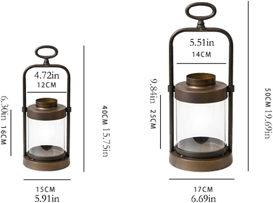 candle-holder Decorative Wrought Iron Style Lantern Transparent Straight Glass Cover Candle Holder Restaurant Home Retro Decorative Ornaments candlestick(Small)