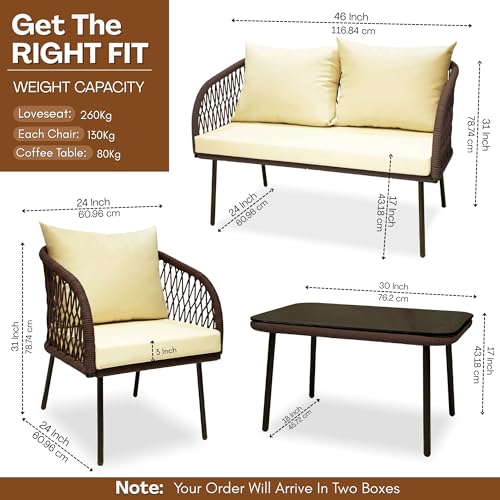 Image of DEVOKO Verde Outdoor Rope 4-Seater Sofa Set with Glass Top Table & Water-Repellent Cushions, Durable Metal Frame, Handwoven Furniture Perfect for Garden, Patio, Pool Deck & Balcony(Brown & Cream)
