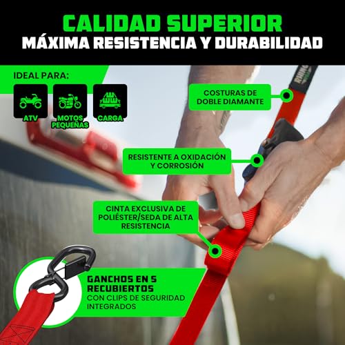 Miniatura 3 de Correas De Amarre Con Trinquete Retráctiles Paquete De 2 : Resistencia Máxima A La Rotura De 540 Kg, Incluye 2 Correas De Amarre Autoretráctiles De 2.5 Cm X 3 M Con Asas Acolchadas - Rojo