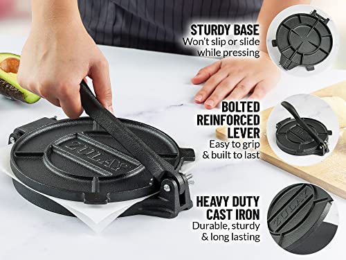 Zulay Cast Iron Tortilla Press 8 Inch - Pre Seasoned With 100 Pieces Parchment Paper - Heavy Duty Roti Maker And Flour Tortilla Press For Quesadilla, Naan, Chapati, Samosa, Poori, Saj Bread, Lahmacun #TOP7