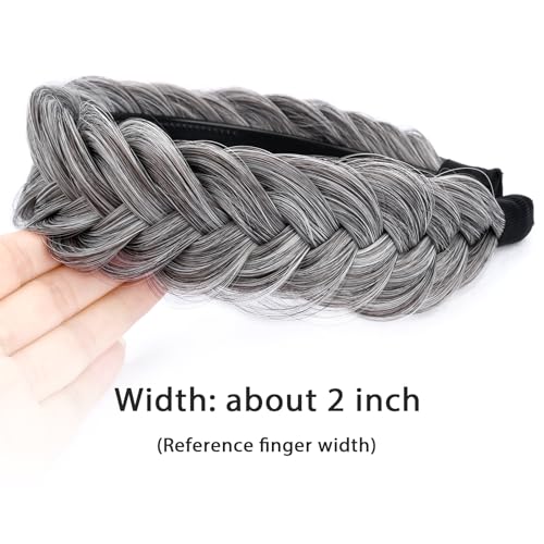 GLEDOLA Wide Messy Braided Headband with Teeth Synthetic Hair Plaited Headband High Elasticity Braids Chunky Fishtail Braided Hair Band Hairpiece for Girls Women (Salt Pepper) - Image 3
