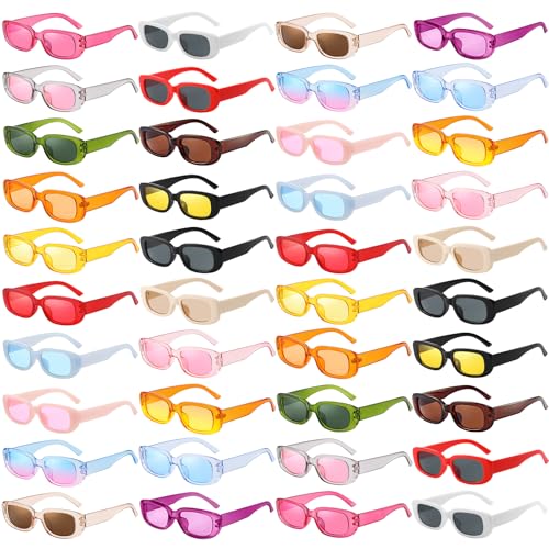 40 Pack Rectangle Sunglasses for Women Retro Colored Square Glasses Bulk 90s Vintage Eyewear Uniex Adults