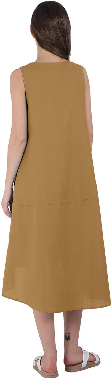 yoeasy Women Cotton Linen Crew Neck Sleeveless High Low Tank Long Dress Summer Casual Flowy Maxi Dresses - Image 4