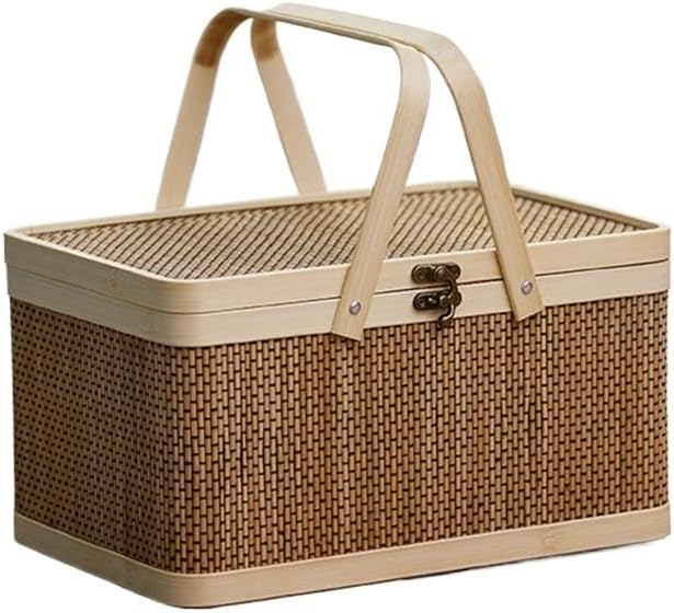 Luopan Storage Accessories, Handmade Wicker Bamboo Woven Picnic Baskets with Handle, Handheld Flower Book Toy Container