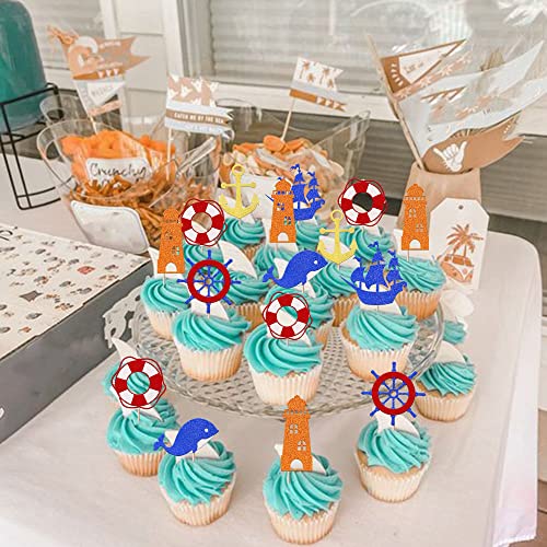 24 Pack Nautical Cupcake Toppers Glitter Anchor Rudder Cupcake Picks Ocean Sailling Whale Theme Baby Shower Kids Birthday Cake Decorations Supplies Colorful #TOP3
