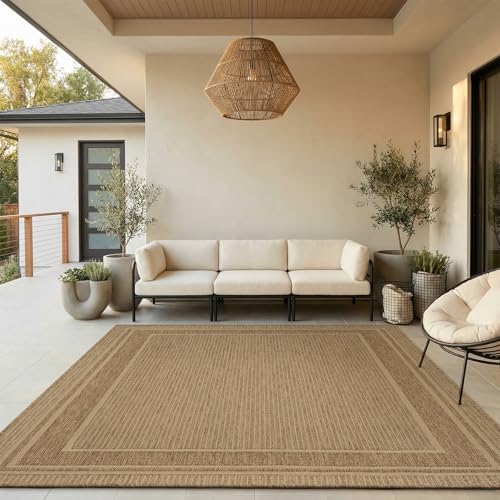 MontVoo-Outdoor Rug-Patio Rug 8x10 ft Polypropylene Indoor Outdoor Rugs Outdoor Carpet for Patio Deck Balcony Porch, Textured Weave, Durable for High Traffic, Fade-Resistant, Modern Neutral Brown