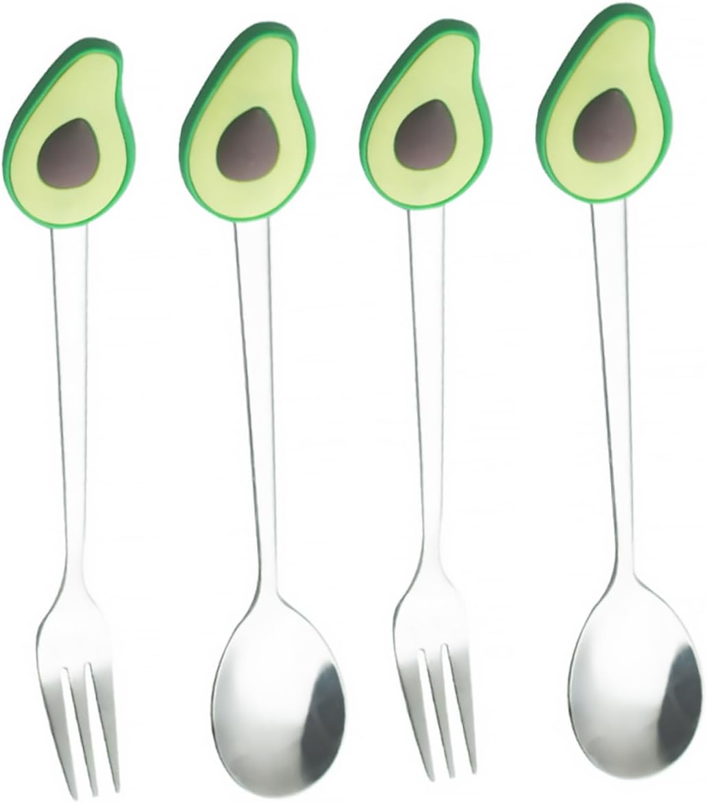Garneck 4pcs Creative Fruit Shaped Fork and Spoon Stainless Steel Eating Accessories for Desserts Avocado Design Tableware for Home Restaurants and Dessert Shops