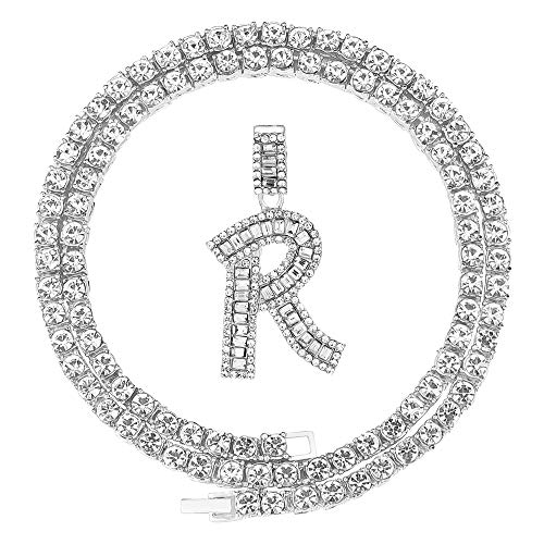 FW Jewelry HH BLING Silver Iced Out Baguette Initial Letter Necklaces for Men Women, Big Cz Diamond Capital Letter Pendant R with Rope Chains (Silver R & Rope)
