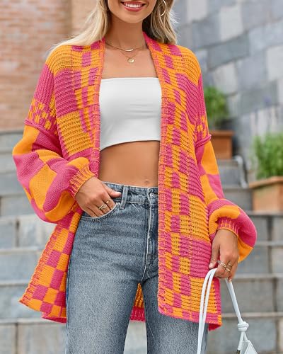 Image of BTFBM Casual Cardigan Sweater for Women Fall 2026 Long Sleeve Open Front Chunky Knit Sweaters Checkered Outwear Coat