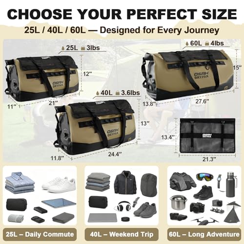 Image of OSAH DRYPAK Waterproof Duffel Bag 25L /40L /60L - Heavy-Duty Motorcycle Tail Bag, Roll-Top Dry Bag for Travel, Camping, Boating, Kayaking, Outdoor Adventure