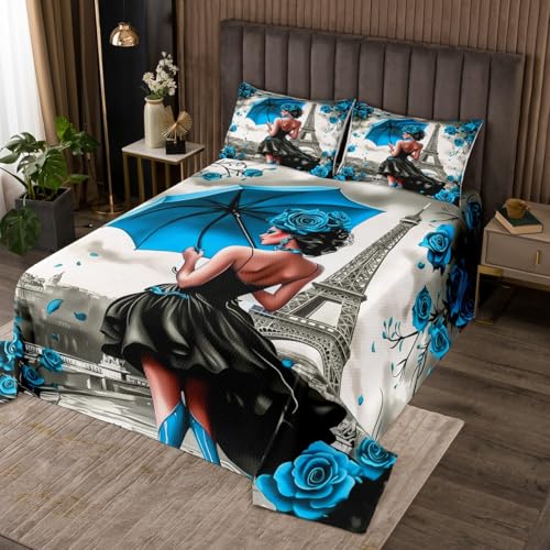 Erosebridal Eiffel Tower Bedspread Set Paris Blue Flower Quilt Set for Black Girls Room Decor,Romantic French Floral Coverlet Sets for Couple Lovers,King Quilted,Gray