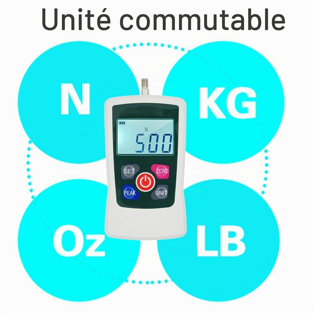 Dynamomètre numérique,500 N/50 kg/110 lb/1760 oz,Dynamomètre portable à actionner par traction,Éclairage rétroéclairé à unité commutable,avec 6 Têtes de fixation,Étui de rangement,Arrêt automatique