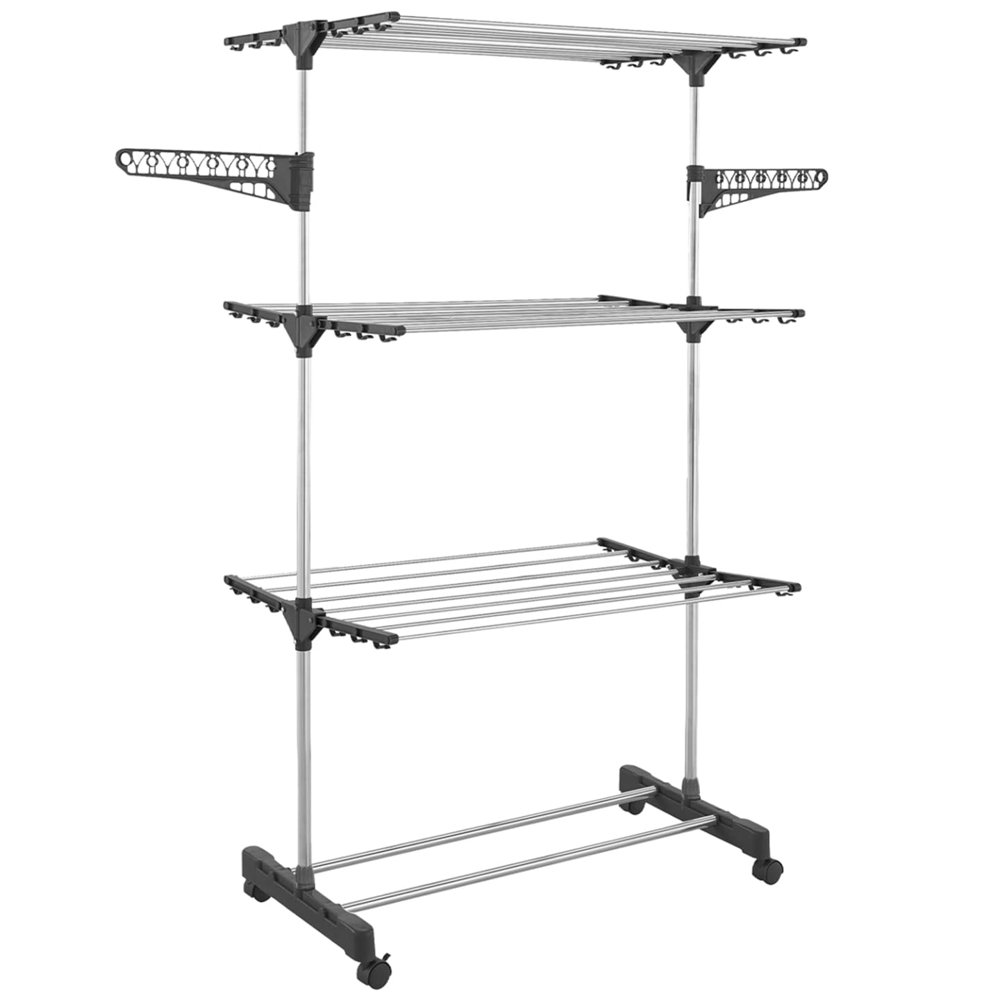 IDMarket - Séchoir à Linge Vertical Pliable 3 Niveaux Maxima capacité 25M avec cintres et Pinces et Gris