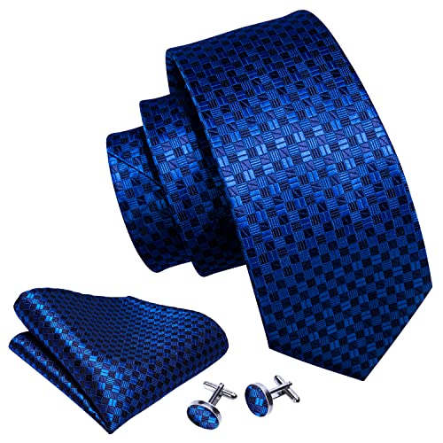 Image of Barry.Wang Plaid Ties Check Mens Necktie Set with Handkerchief Cufflinks Classic Stripe