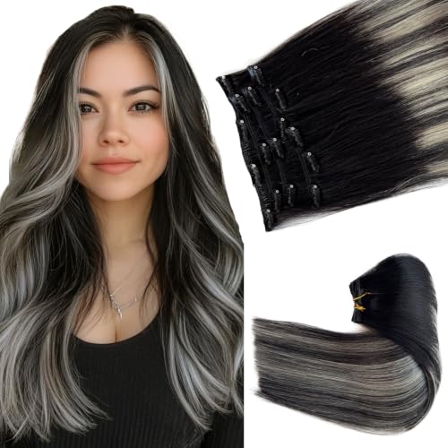 Image of Ombre Black Balayage Silver Highllights Clip in Hair Extensions Real Human Hair Clip ins, 22 Inch Remy Human Hair Clip in Exension 7 pcs Double Weft Hair Extensions Remy Human Hair Clip in Extensions