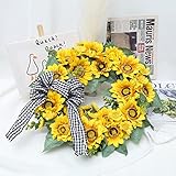 Adeeing 18 Inch Artificial Sunflower Wreath for Front Door, Spring Summer Wreath with Burlap Bow Sun