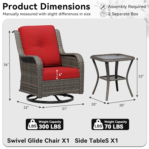 Image of 2 Pieces Outdoor Swivel Rocker Patio Chairs Set - Outdoor Wicker Patio Furniture Sets with 1 Side Table, Olefin Fabric Cushions Suitable for Backyard Deck and Porch, Red