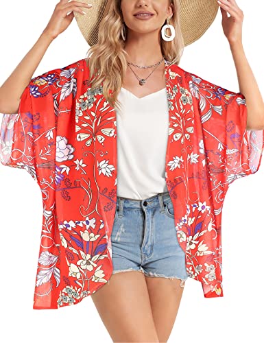 Omoone Women's Short Batwing Sleeve Floral Chiffon Cardigan Kimono Beachwear - Image 4