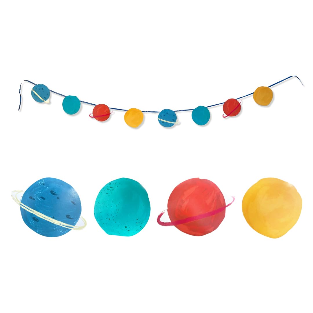 Planet Garland - 2 Metre Red, Blue & Yellow Planet-Shaped Recyclable Paper Bunting - Event & Party Decoration