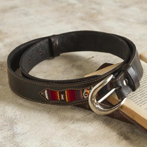 NOVICA Artisan Handmade Woolaccented Leather Belt with Andean Accents Accessories Belts Black Multicolor Patterned Peru Woven 'Cusco Heritage'2