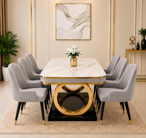 Image of 6-Seater Dining Table with Nano Composite Marble Top and PVC Golden Wooden Base |2yr Warranty - Includes 6 Fabric Upholstered Chairs (Grey, White Nano Composite Marble Top)