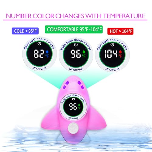 Image of Baby Bathtub Thermometer with LED Display Screen+Pink Airplane toy-2-in-1 | Color Coded Alarm (Cold /Comfortable /hot) Bath Temperature Monitor, Adorable Floating Toys for Infants, Essential for Babies