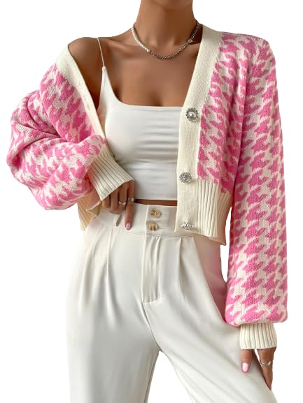 Image of Verdusa Women's Button Front V Neck Long Lantern Sleeve Cropped Cardigan Sweater Pink Medium
