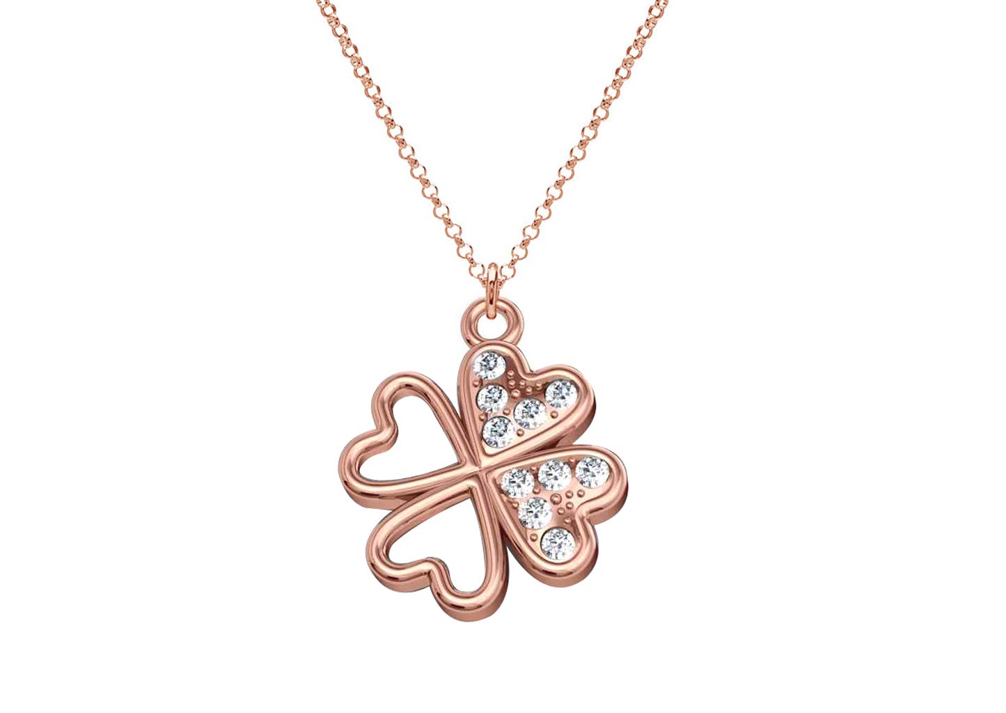 Ah! JewelleryLucky Clover Pendant with Genuine Clear Brilliant Round Crystals From Swarovski45cm Chain. 18K Rose Gold Over Sterling Silver Stamped 925.