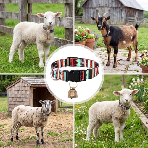 Image of Goat Collar with Bell, Sheep Grazing Copper Bells and Adjustable Nylon Collar Set Loud Bronze Bell for Summer Small Farm Animal Sheep Cow Dog Accessories Gift(Geometric)