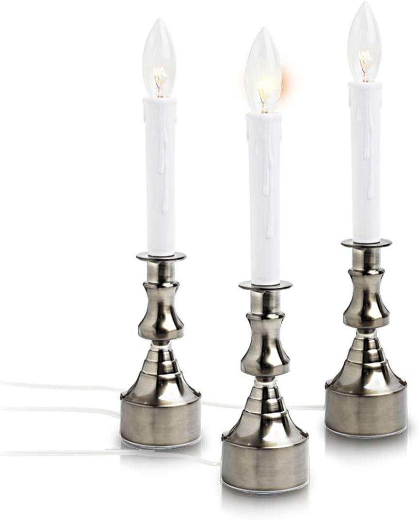 Dimmable Window Candle Electric with Multi Timer IR Controller, Brush Nickel Metal Base Christmas Window Candles UL Listed 3 Set Packing 2 Extra Replacement Bulb