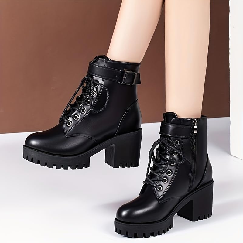 Women's ankle boots with belt buckle, high heel, side zipper and adjustable strap design. Fashionable thick sole. Suitable for all occasions.