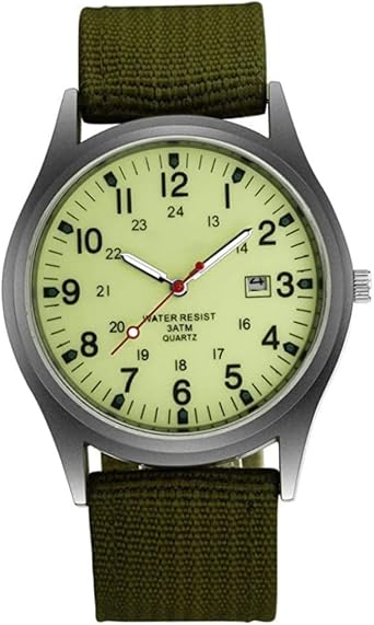 Mens Watch with Date Display Wrist Watch for Men Glow in The Dark Outdoor Mens Quartz with Green Nylon Strap for Men