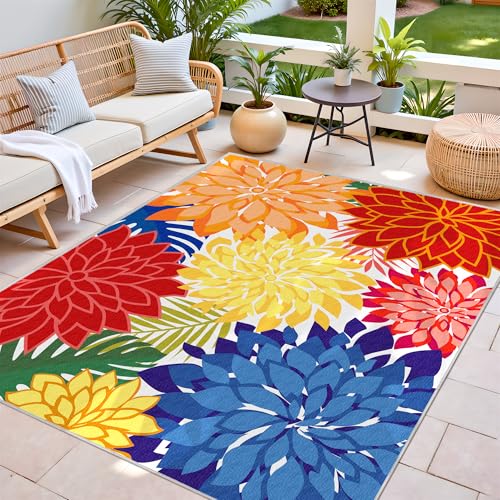 Image of Outdoor Area Rug Washable Multicolored Patio Rug Tropical Botanical Modern Floral Outdoor Carpet Non-Slip for Patio, Deck, Backyard, Porch (8x10)