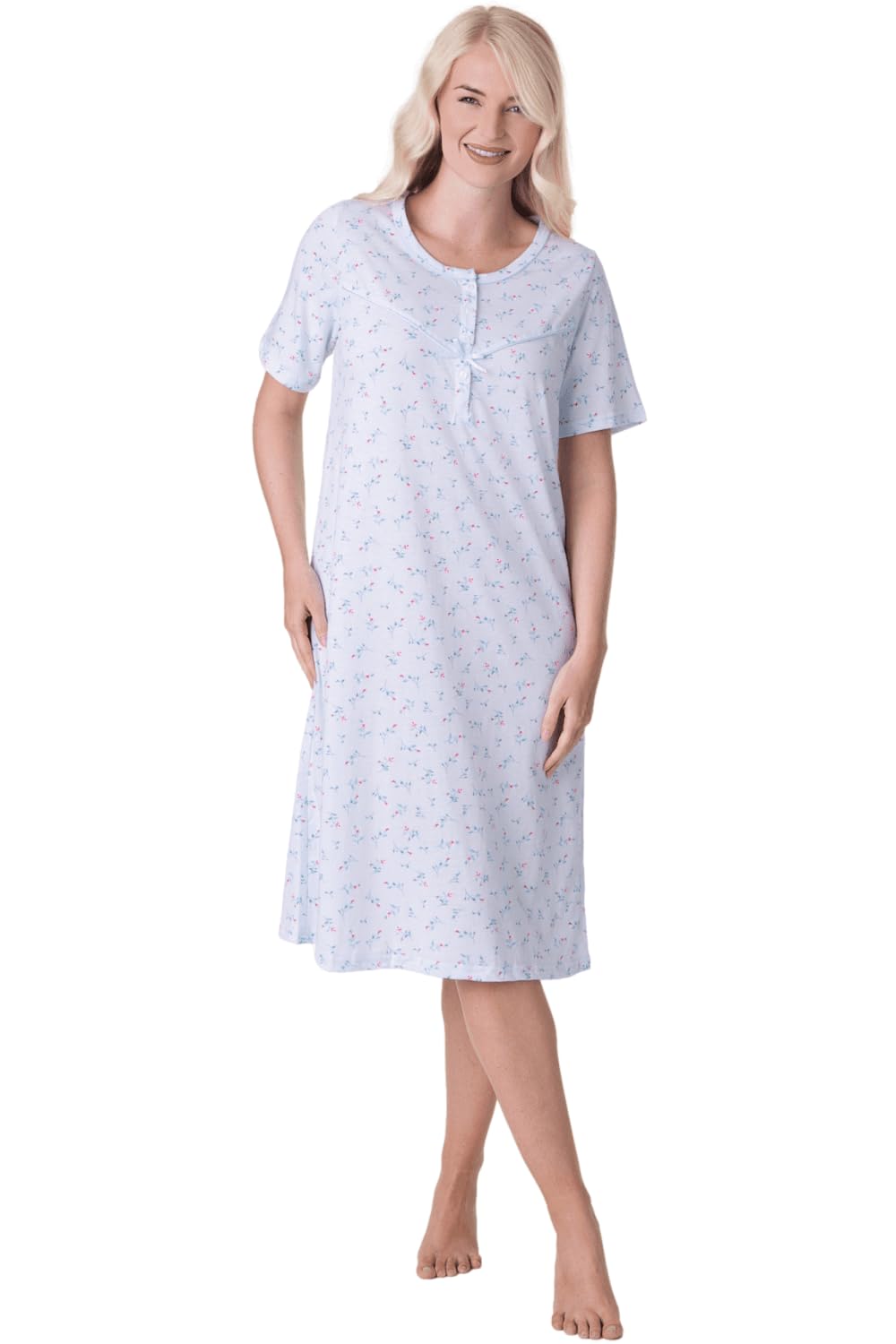 Camille Women's Blue Nightdresses Jersey Cotton Short Sleeve Classic Floral Nightdress - Comfortable & Breathable Sleepwear With Pretty Floral Design & Satin Bow 18-20
