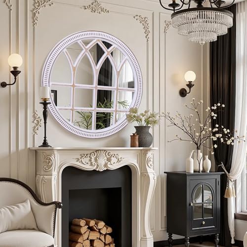 Image of 36 Inch Round Wood Window Mirrors, Farmhouse Windowpane Wall Mirror | Large Decorative Accent, Boho Look, for Entryway, Living Room, Hallway, and Fireplace Mantel Styling