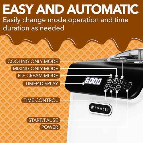 Whynter Ice Cream Maker Machine Automatic 1.28 Qt Upright with Built-in Compressor, LCD Digital Display & Timer, No Pre-Freezing, ICM-128WS, White