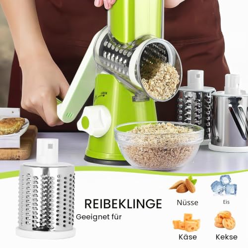 Dreamhigh® Käsereibe mit Kurbel, Gemüseschneider 3 Edelstahl Austauschbaren Trommelklingen, Manuelle Trommelreibe, Gemüsehobel… – Ansicht 5